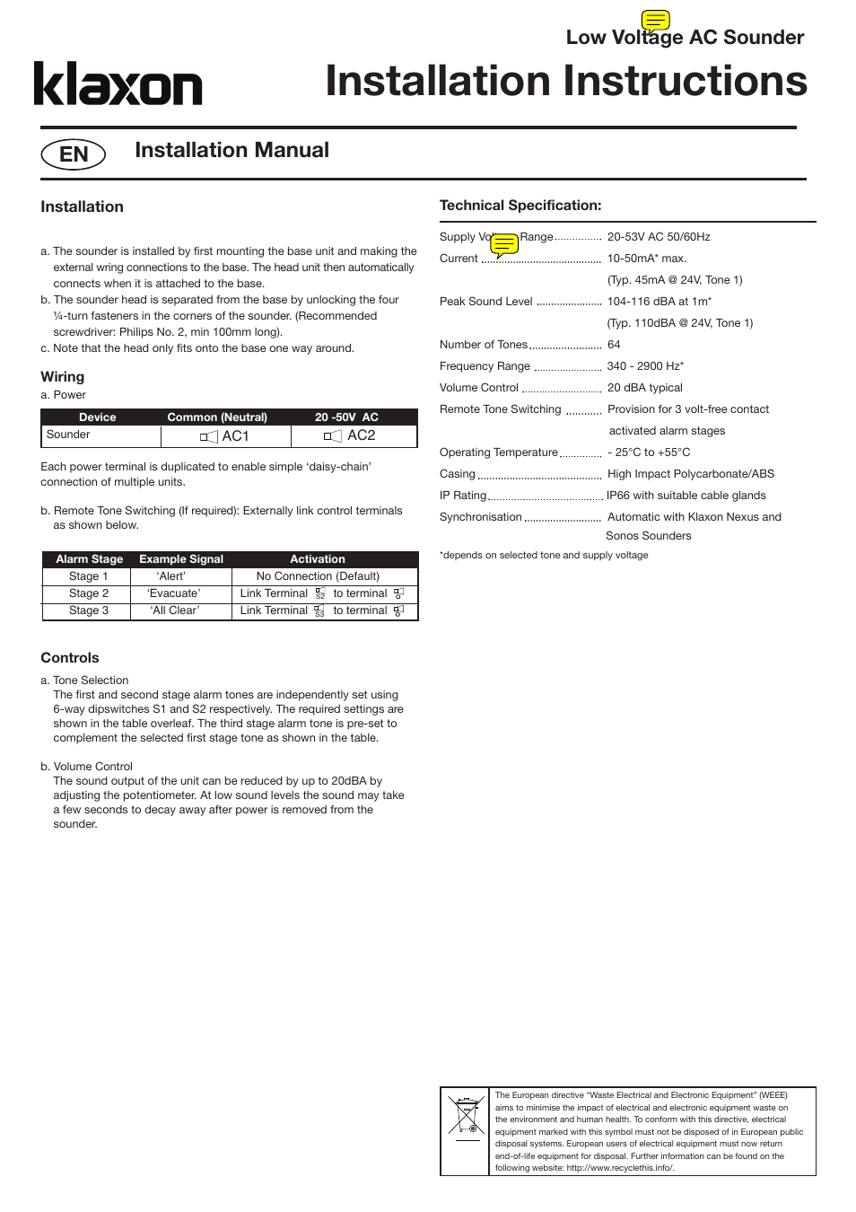 Nexos english 110 ac 18-186508_layout 1 (3), Installation instructions, Installation manual | Low voltage ac sounder, Installation | Klaxon Nexus AC Sounder & Sounder-Beacon User Manual | Page 2 / 2