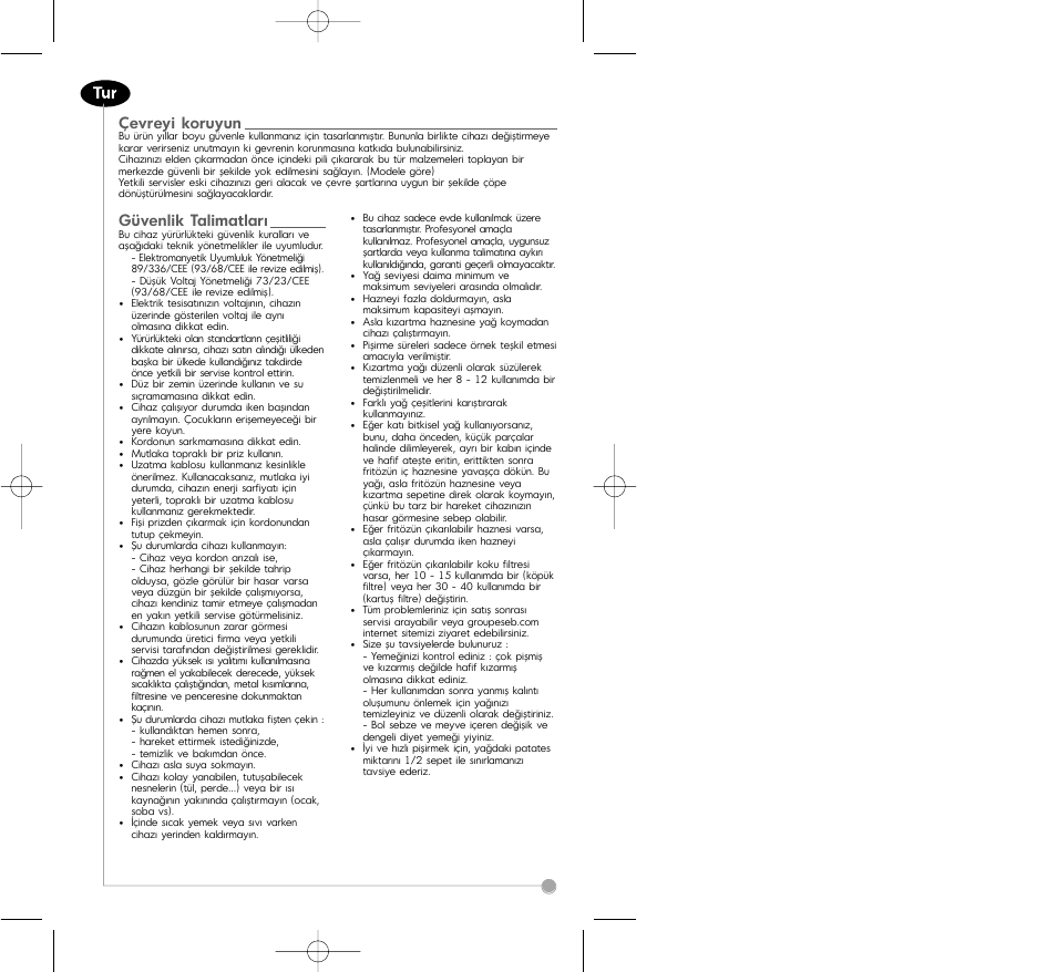 Çevreyi koruyun, Güvenlik talimatlar | Tefal FA7001 part 2 User Manual | Page 9 / 24