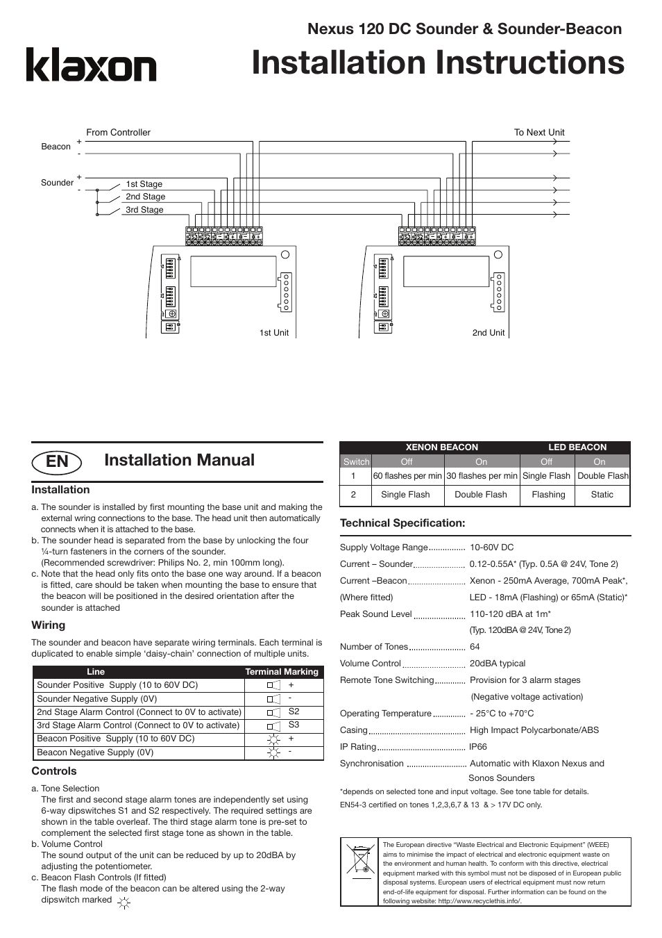 Nexos english 120_layout 1, Installation instructions, Installation manual | Nexus 120 dc sounder & sounder-beacon | Klaxon Nexus 120 DC User Manual | Page 2 / 4