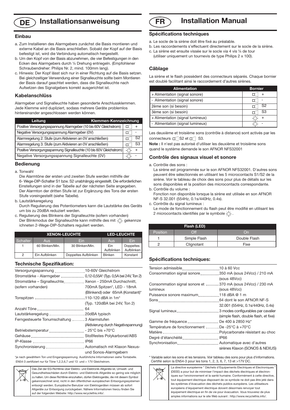 Nexos ger - french 120_layout 1, Installation manual, Installationsanweisung de | Spécifications techniques, Câblage, Contrôle des signaux visuel et sonore, Einbau, Kabelanschlüss, Bedienung, Technische spezifikation | Klaxon Nexus 120 DC User Manual | Page 3 / 4
