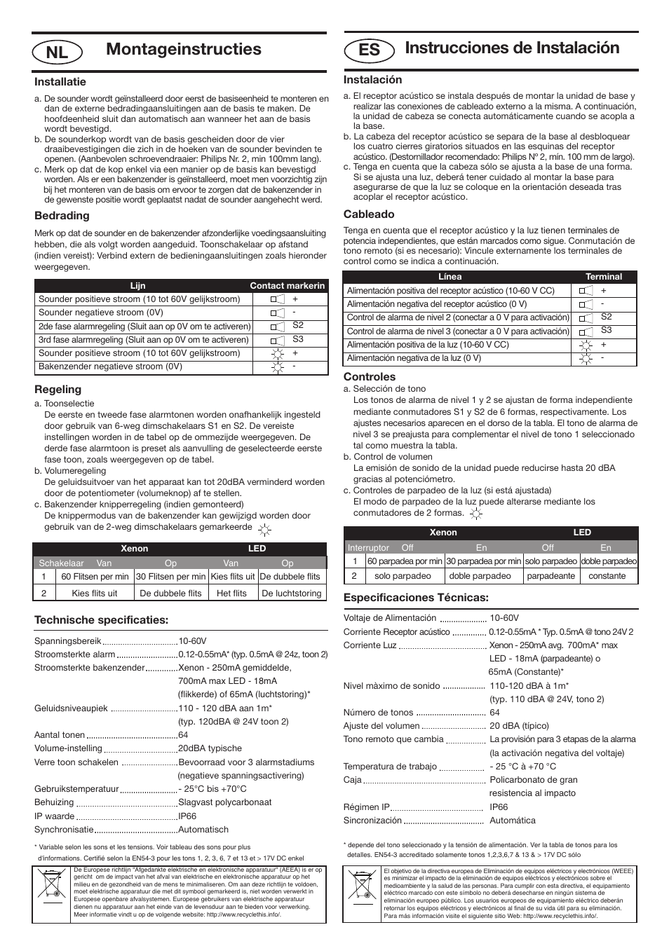 Nexos nl - spain 120 dc_layout 1, Instrucciones de instalación, Es montageinstructies nl | Instalación, Cableado, Controles, Especificaciones técnicas, Installatie, Bedrading, Regeling | Klaxon Nexus 120 DC User Manual | Page 4 / 4