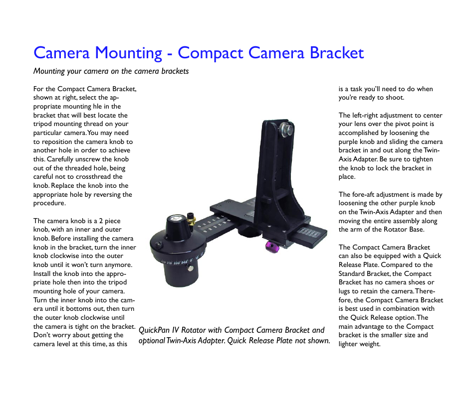 Camera mounting - compact camera bracket | Kaidan QuickPan Panoramic Tripod Head User Manual | Page 10 / 17