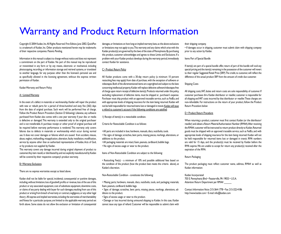 Warranty and product return information | Kaidan QuickPan Panoramic Tripod Head User Manual | Page 17 / 17