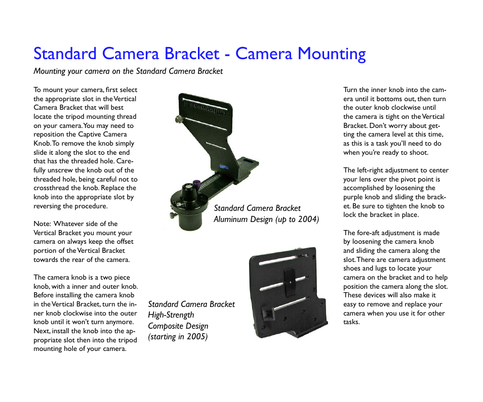Standard camera bracket - camera mounting | Kaidan QuickPan Panoramic Tripod Head User Manual | Page 7 / 17