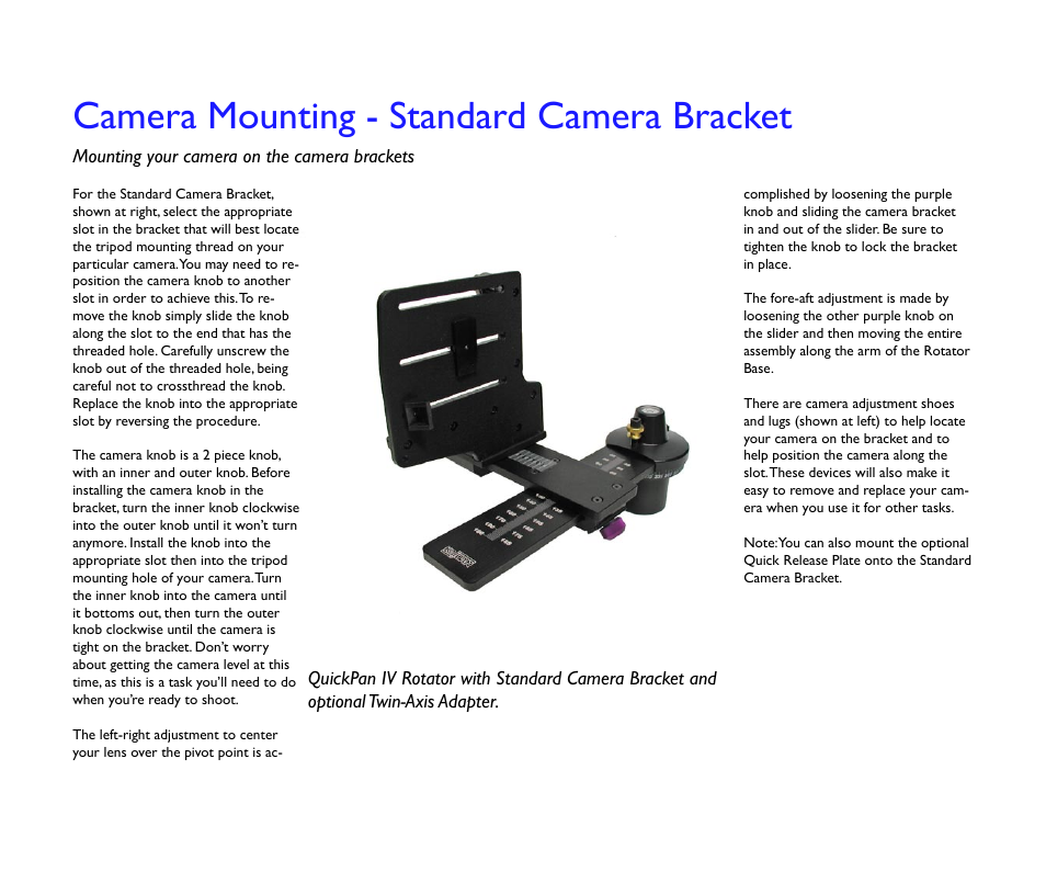 Camera mounting - standard camera bracket | Kaidan QuickPan Panoramic Tripod Head User Manual | Page 9 / 17