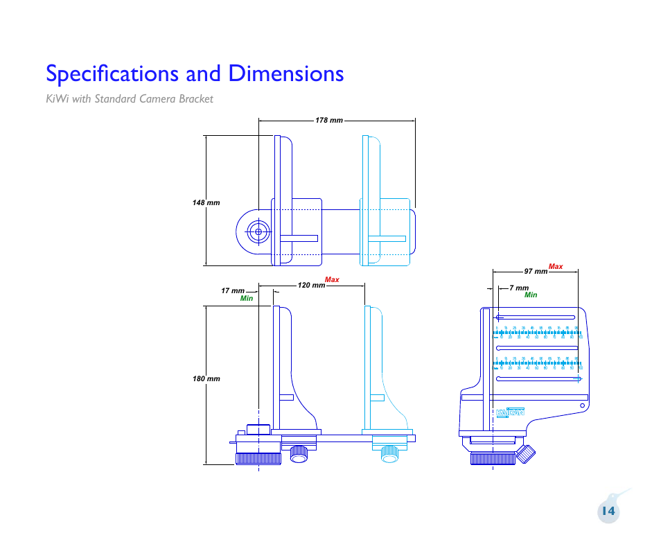 Speciﬁcations and dimensions, Kiwi with standard camera bracket 14 | Kaidan Tripod User Manual | Page 15 / 19