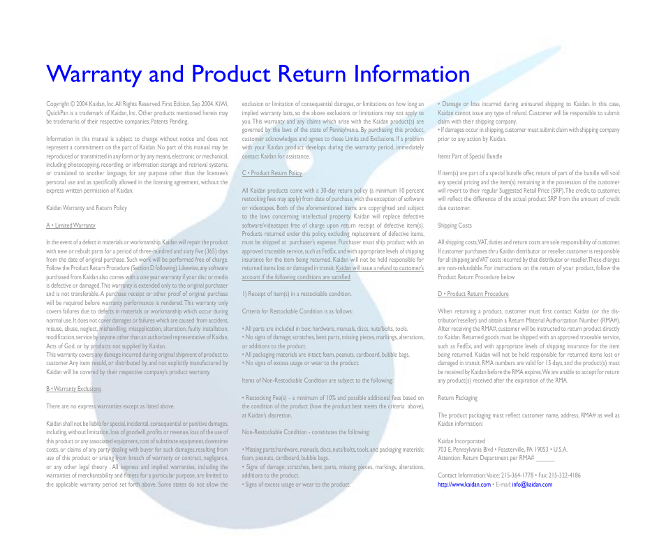 Warranty and product return information | Kaidan Tripod User Manual | Page 19 / 19