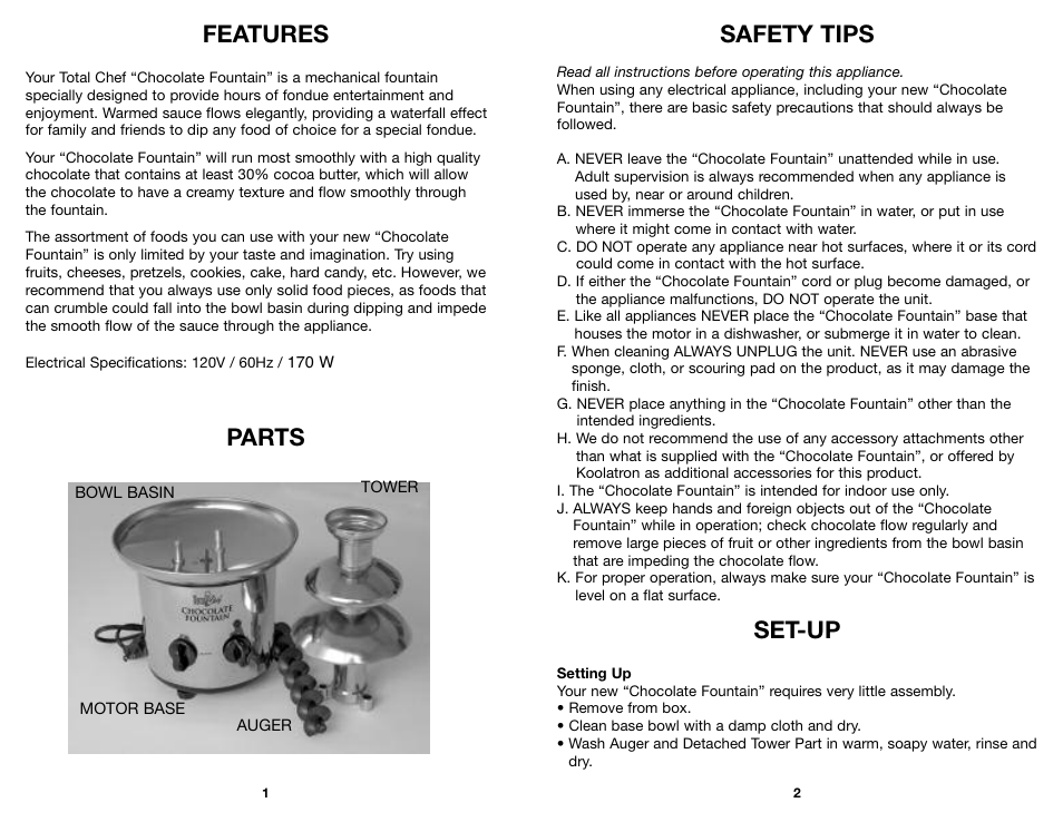 Safety tips, Set-up, Features | Parts | Koolatron TCCSF-02 User Manual | Page 2 / 3