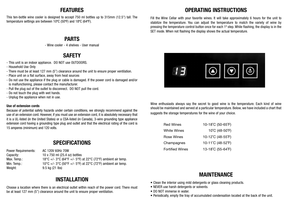 Features, Safety, Specifications | Installation, Parts, Operating instructions, Maintenance | Koolatron KWT10BN User Manual | Page 2 / 2