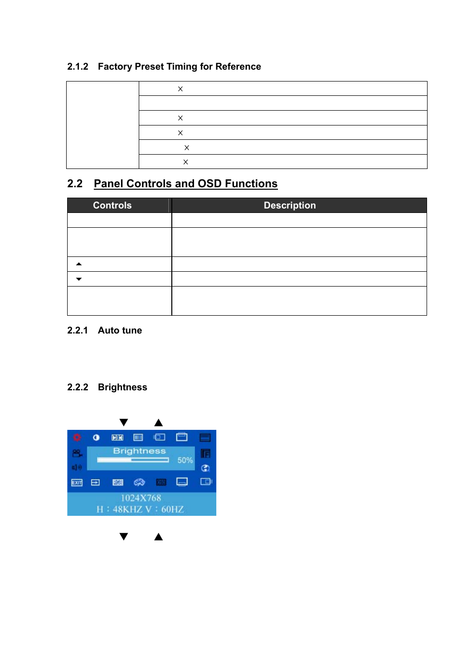 2 factory preset timing for reference, 2 panel controls and osd functions, 1 auto tune | 2 brightness | Koller-Craft Plastic Hawkeye 1U rack mount 15" TFT monitor/keyboard drawer RPD-1151 User Manual | Page 17 / 43