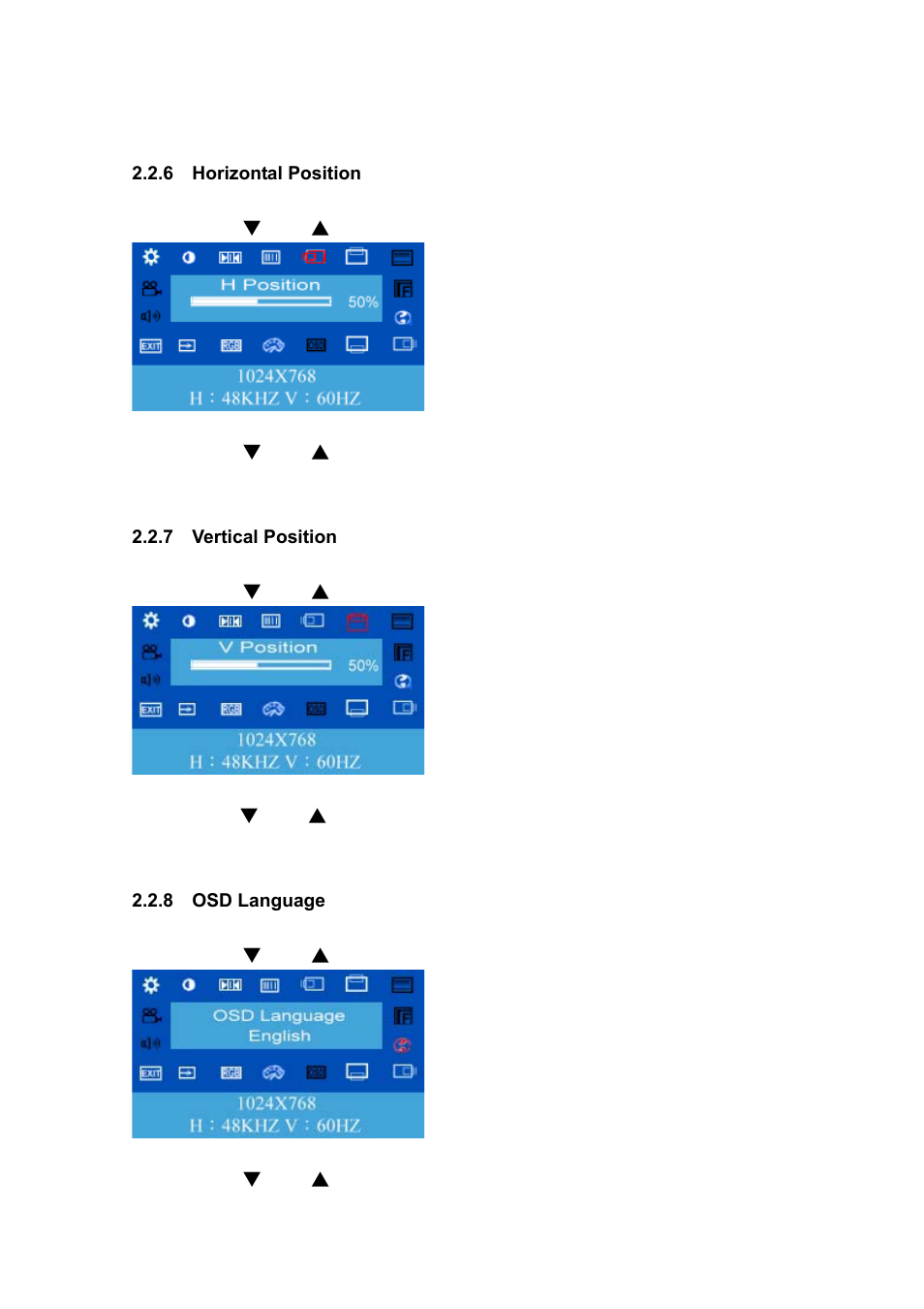 6 horizontal position, 7 vertical position, 8 osd language | Koller-Craft Plastic Hawkeye 1U rack mount 15" TFT monitor/keyboard drawer RPD-1151 User Manual | Page 19 / 43