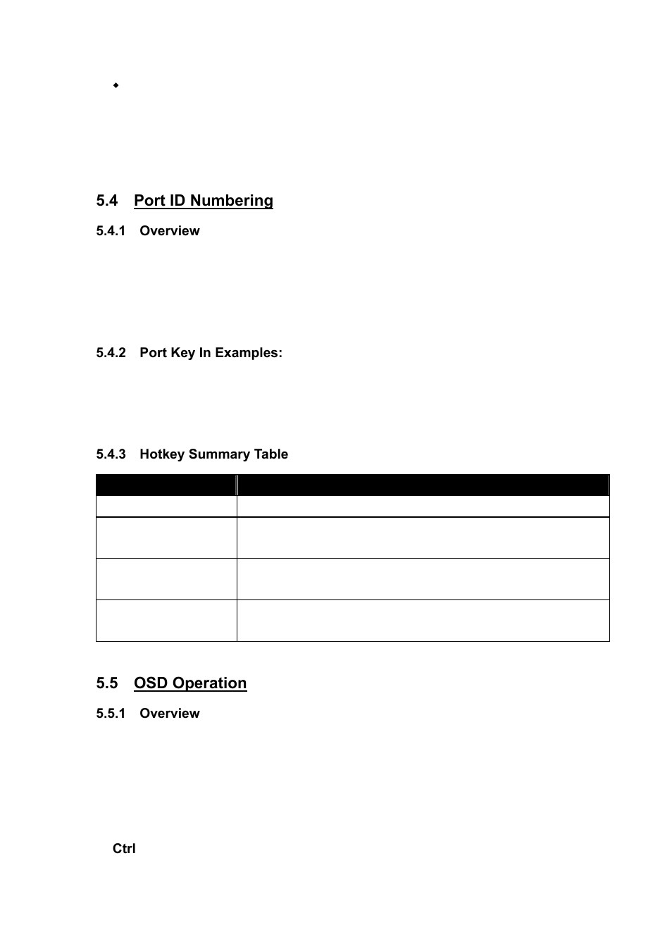 4 port id numbering, 1 overview, 2 port key in examples | 3 hotkey summary table, 5 osd operation | Koller-Craft Plastic Hawkeye 1U rack mount 15" TFT monitor/keyboard drawer RPD-1151 User Manual | Page 35 / 43
