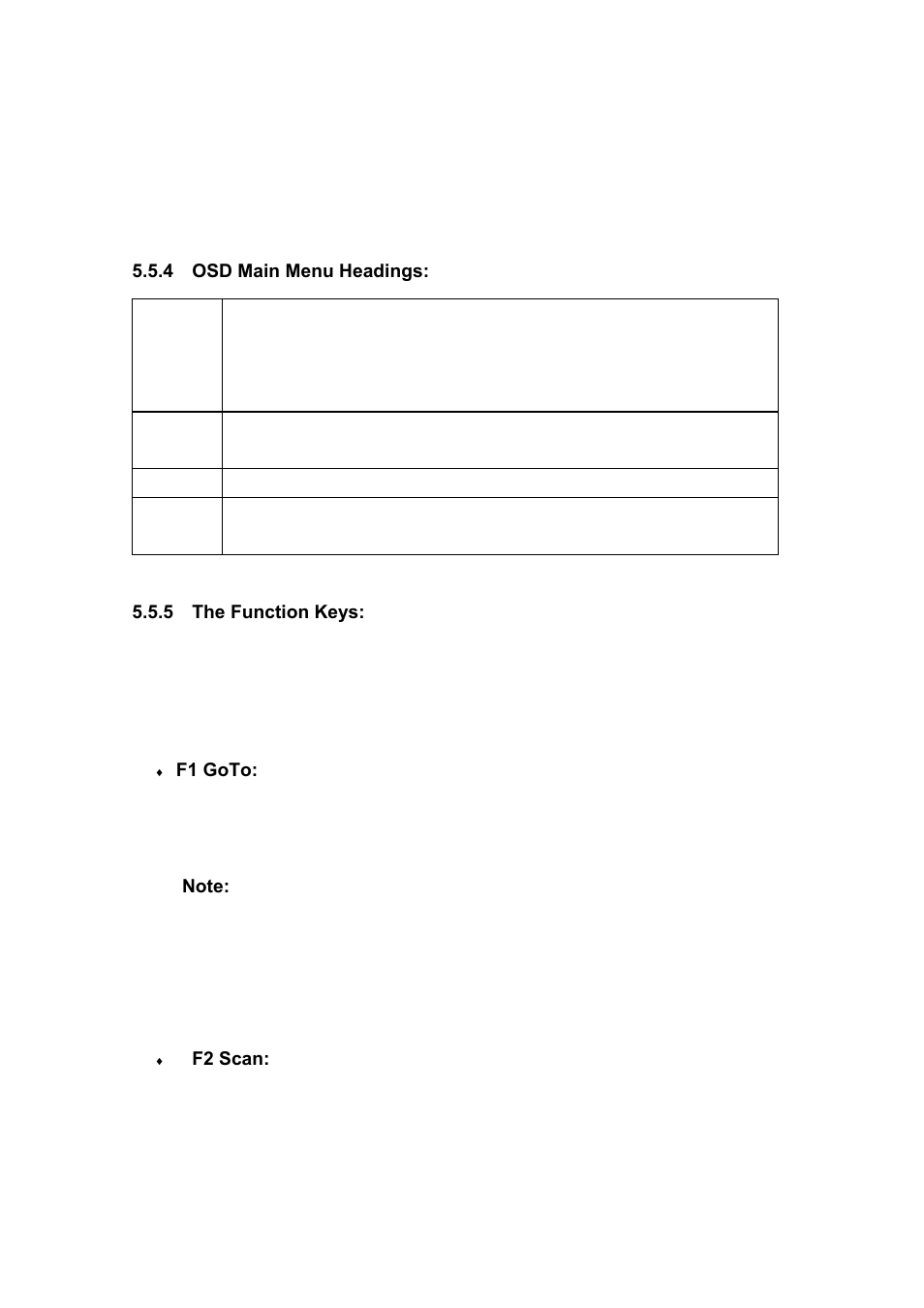 4 osd main menu headings, 5 the function keys | Koller-Craft Plastic Hawkeye 1U rack mount 15" TFT monitor/keyboard drawer RPD-1151 User Manual | Page 37 / 43