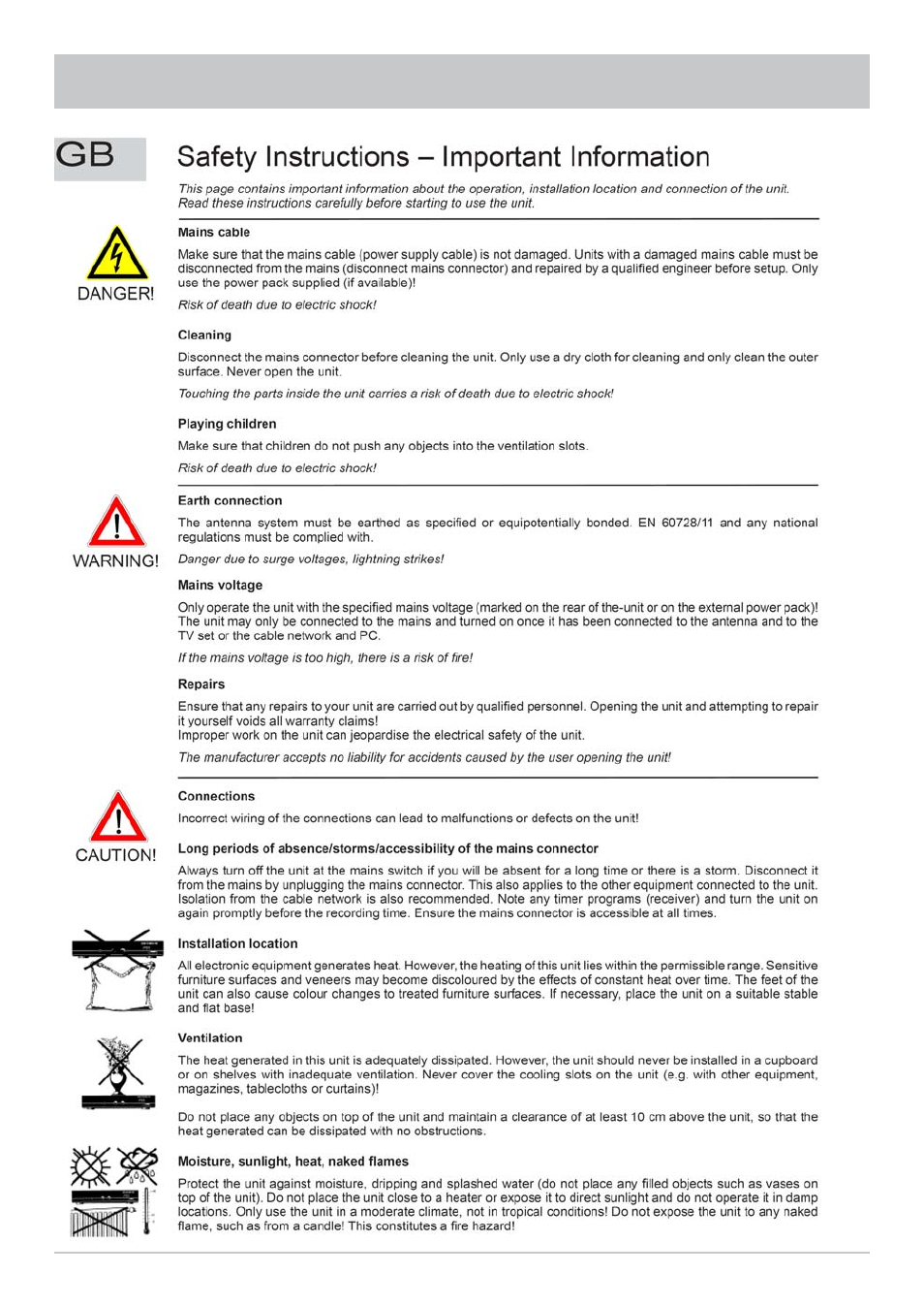 Safety instructions - important information | Kathrein UFC 861si User Manual | Page 5 / 128