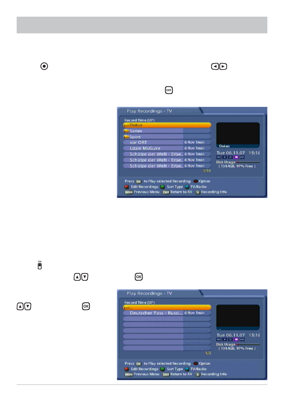 Recording list | Kathrein UFC 861si User Manual | Page 75 / 128