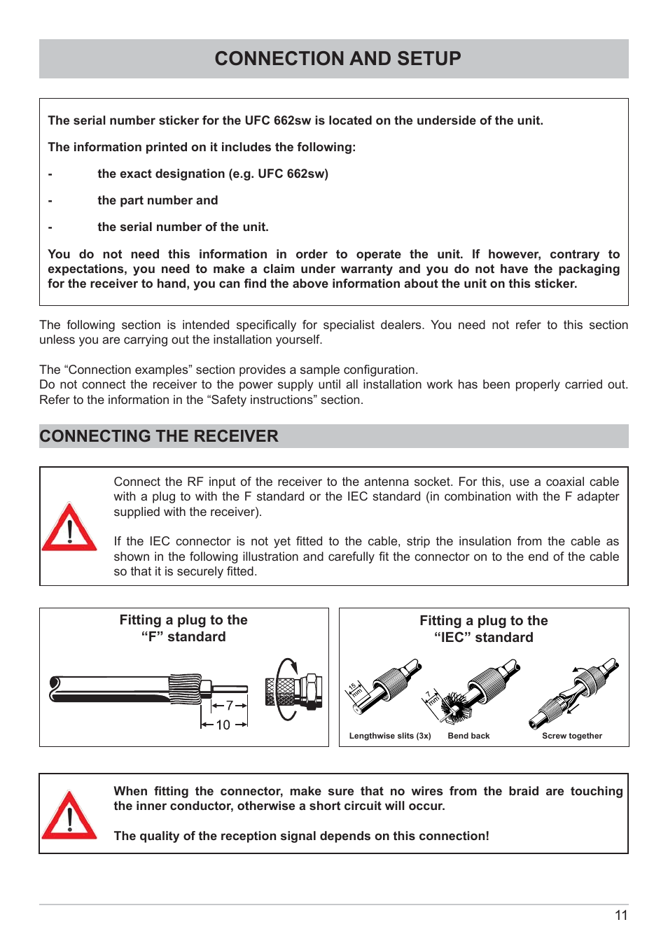 Connection and setup, Connecting the receiver | Kathrein DVB Cable Receiver UFC 662sw User Manual | Page 11 / 60