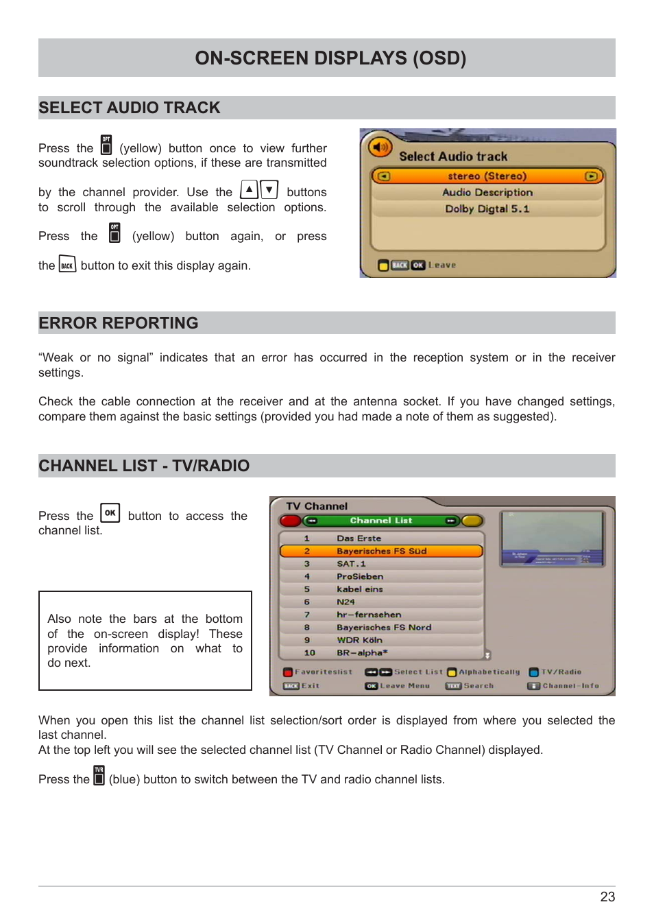 On-screen displays (osd) | Kathrein DVB Cable Receiver UFC 662sw User Manual | Page 23 / 60