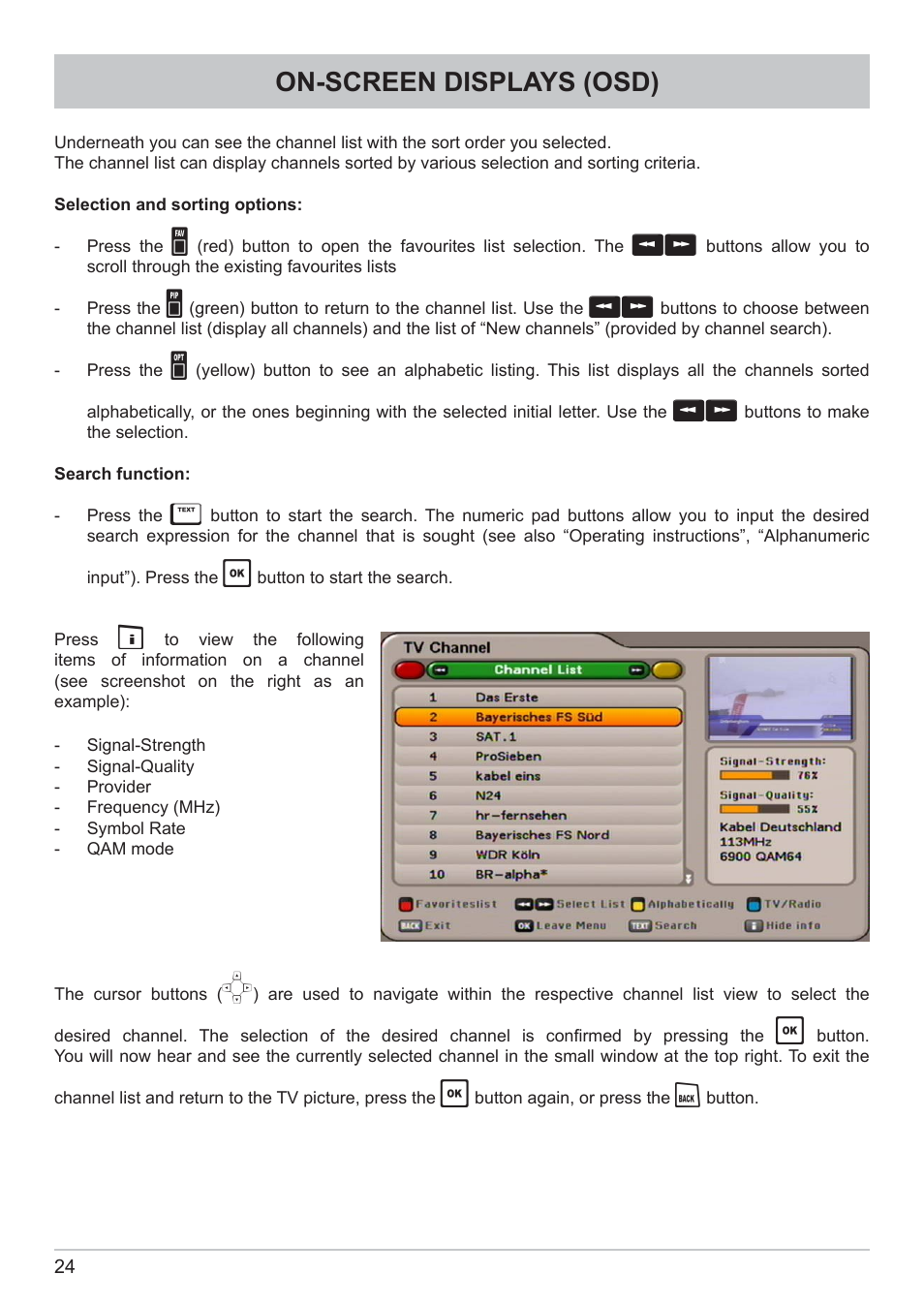 On-screen displays (osd) | Kathrein DVB Cable Receiver UFC 662sw User Manual | Page 24 / 60