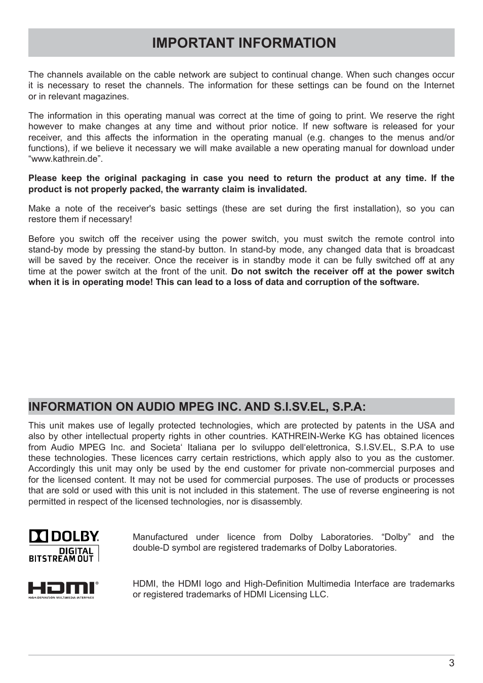 Important information | Kathrein DVB Cable Receiver UFC 662sw User Manual | Page 3 / 60