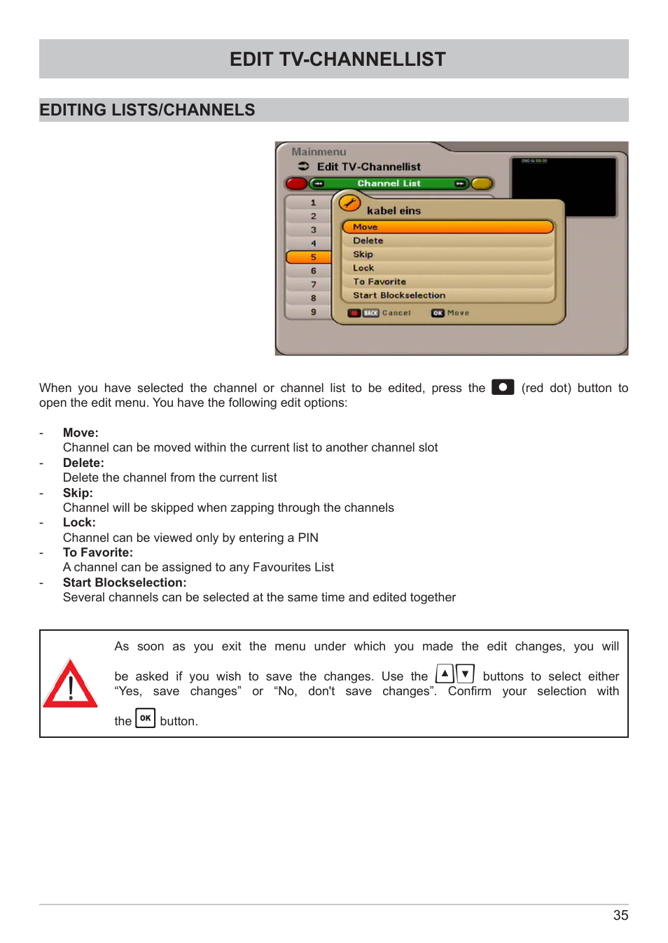 Edit tv-channellist, Editing lists/channels | Kathrein DVB Cable Receiver UFC 662sw User Manual | Page 35 / 60