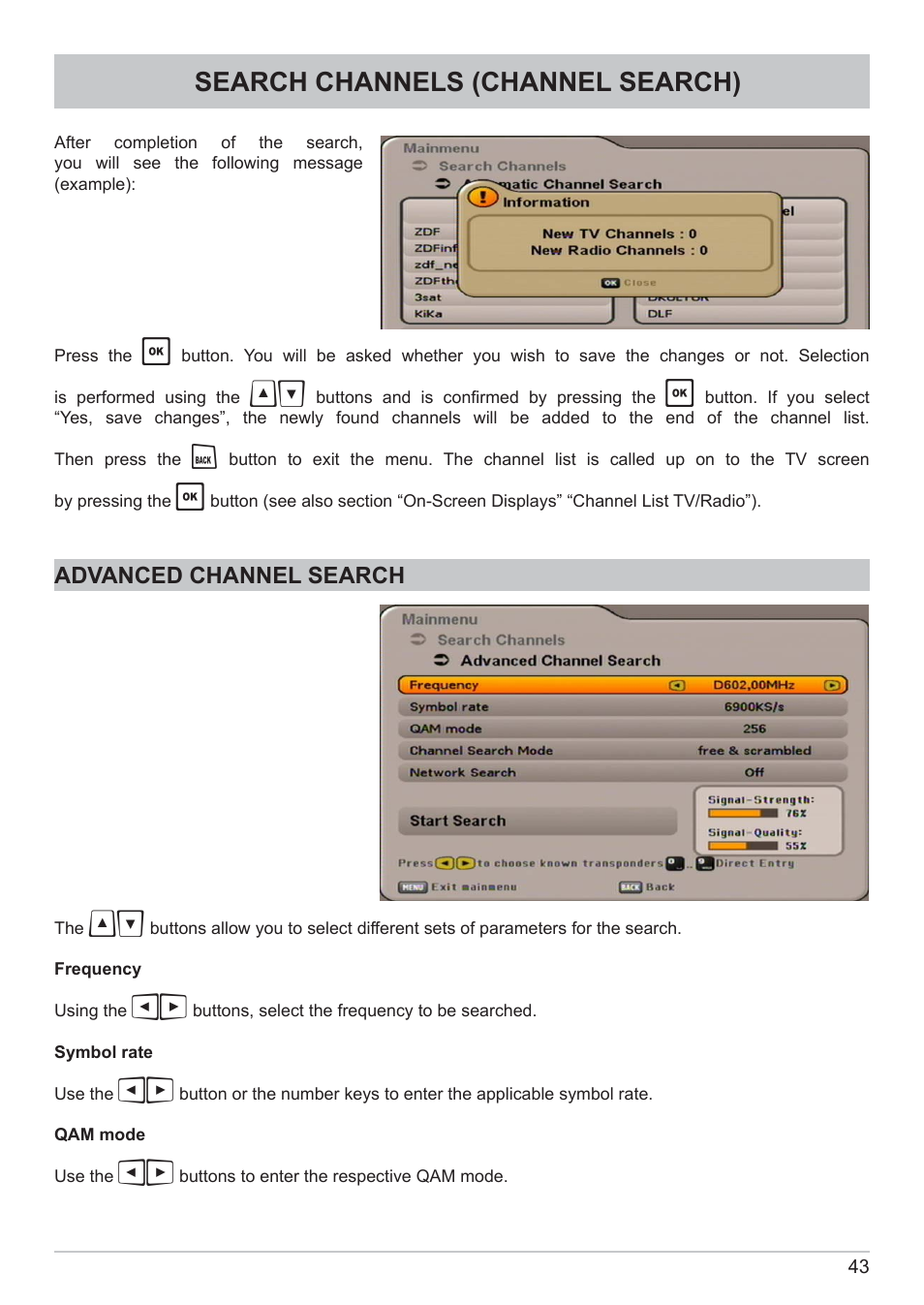 Search channels (channel search) | Kathrein DVB Cable Receiver UFC 662sw User Manual | Page 43 / 60