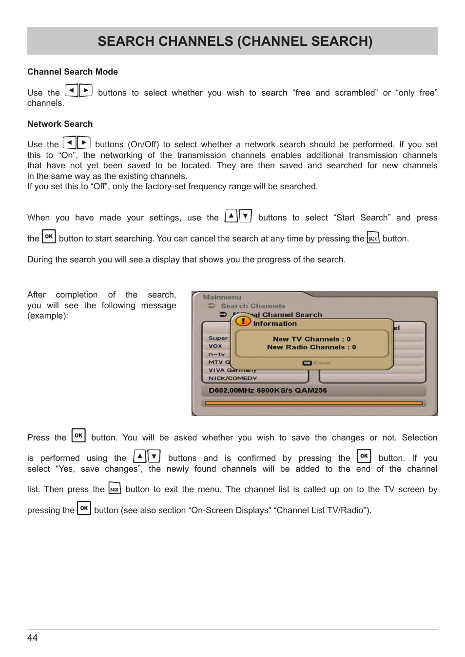 Search channels (channel search) | Kathrein DVB Cable Receiver UFC 662sw User Manual | Page 44 / 60