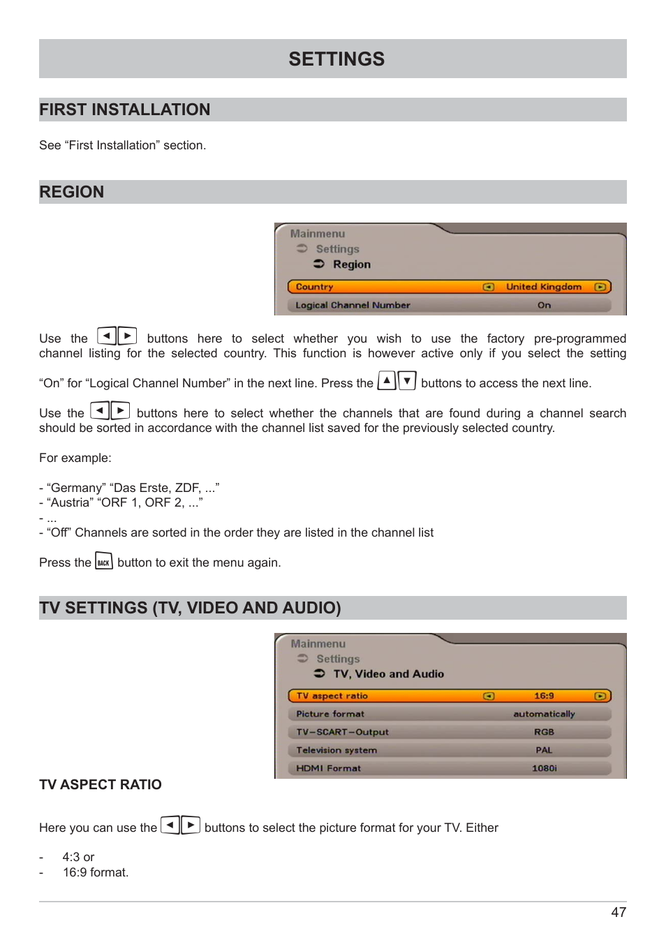 Settings | Kathrein DVB Cable Receiver UFC 662sw User Manual | Page 47 / 60