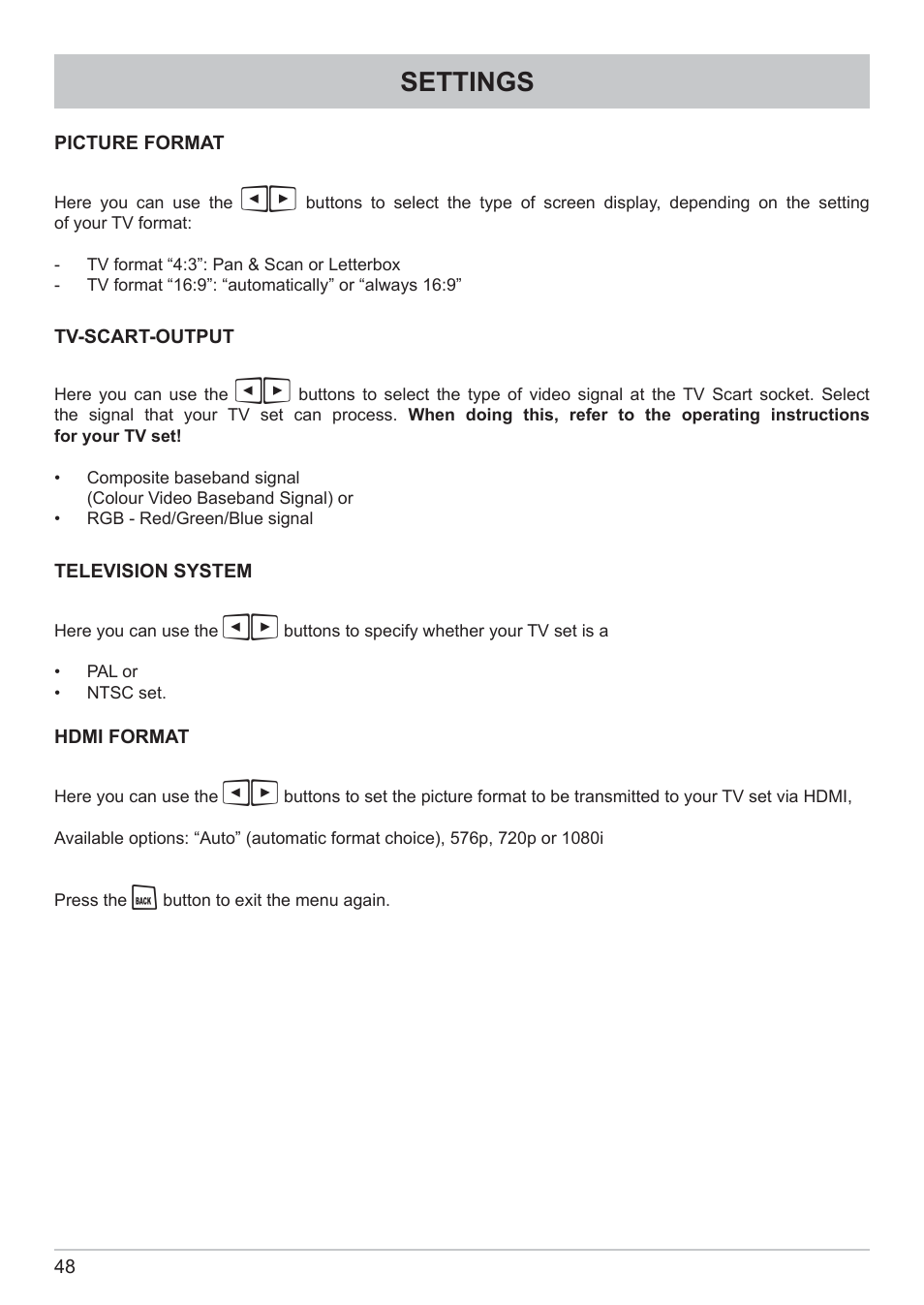 Settings | Kathrein DVB Cable Receiver UFC 662sw User Manual | Page 48 / 60