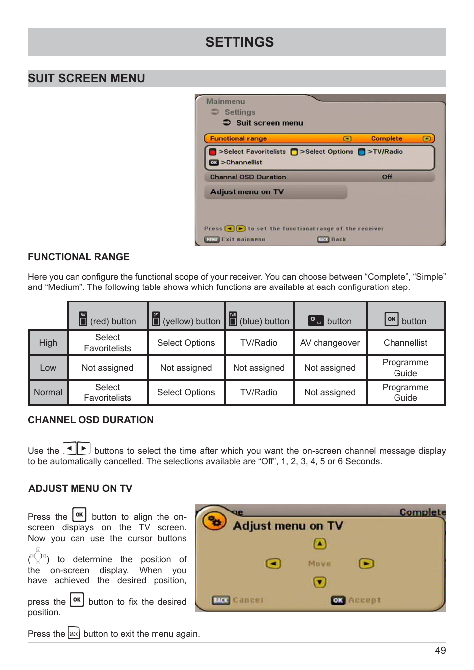 Settings | Kathrein DVB Cable Receiver UFC 662sw User Manual | Page 49 / 60