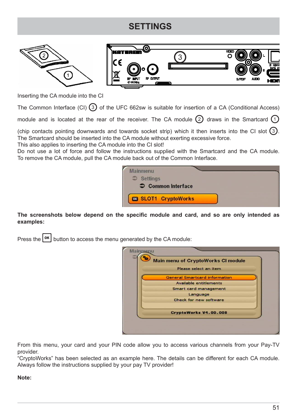 Settings | Kathrein DVB Cable Receiver UFC 662sw User Manual | Page 51 / 60