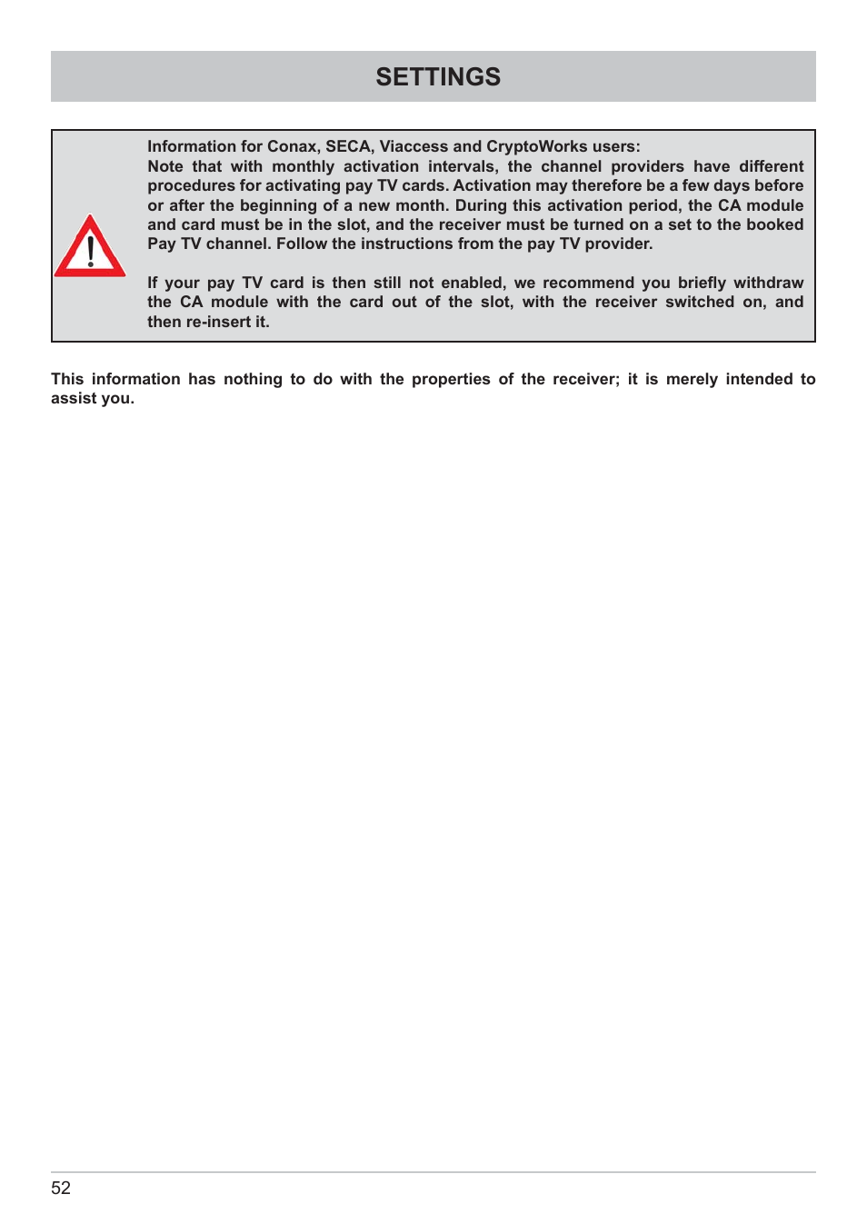 Settings | Kathrein DVB Cable Receiver UFC 662sw User Manual | Page 52 / 60