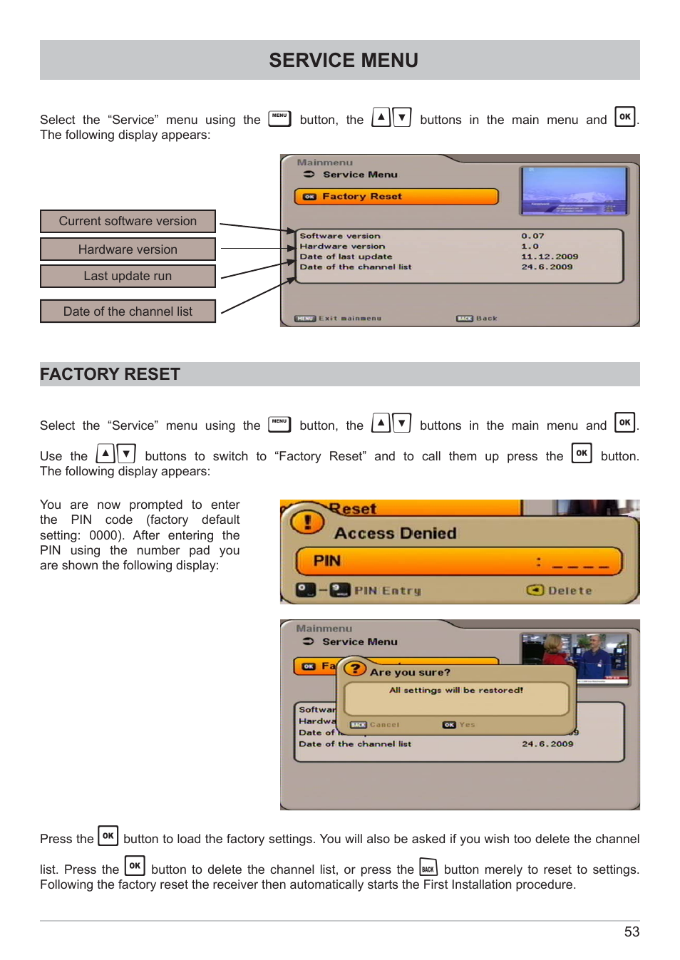 Service menu | Kathrein DVB Cable Receiver UFC 662sw User Manual | Page 53 / 60