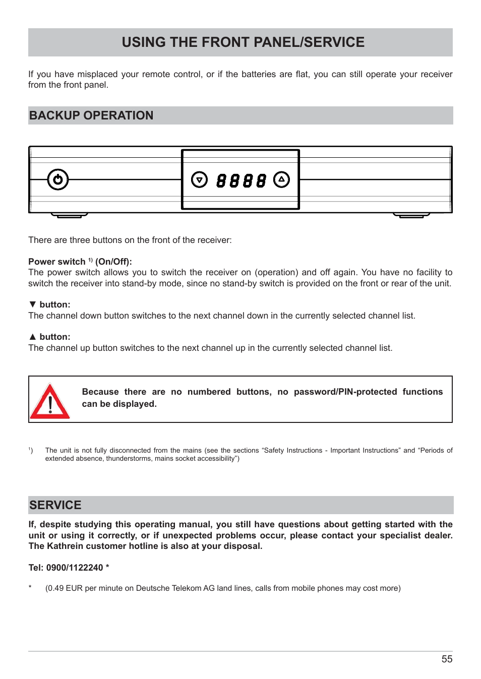 Using the front panel/service, Backup operation, Service | Kathrein DVB Cable Receiver UFC 662sw User Manual | Page 55 / 60