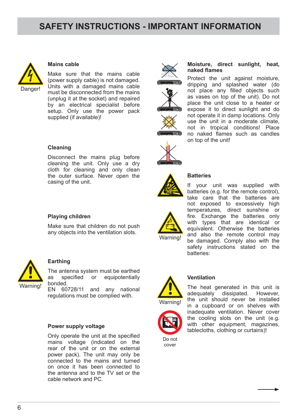 Safety instructions - important information | Kathrein DVB Cable Receiver UFC 662sw User Manual | Page 6 / 60