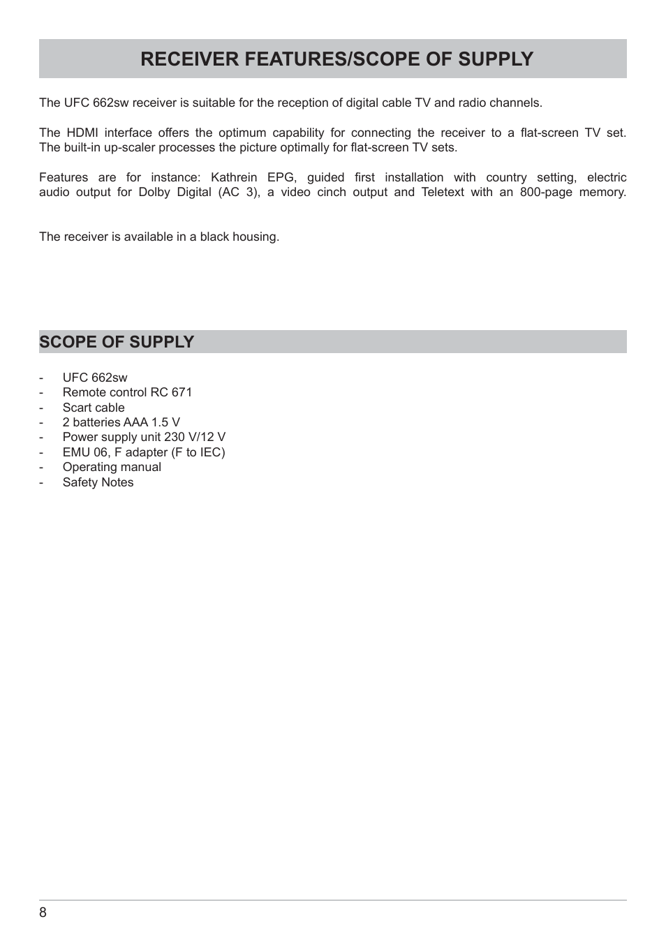 Receiver features/scope of supply, Scope of supply | Kathrein DVB Cable Receiver UFC 662sw User Manual | Page 8 / 60