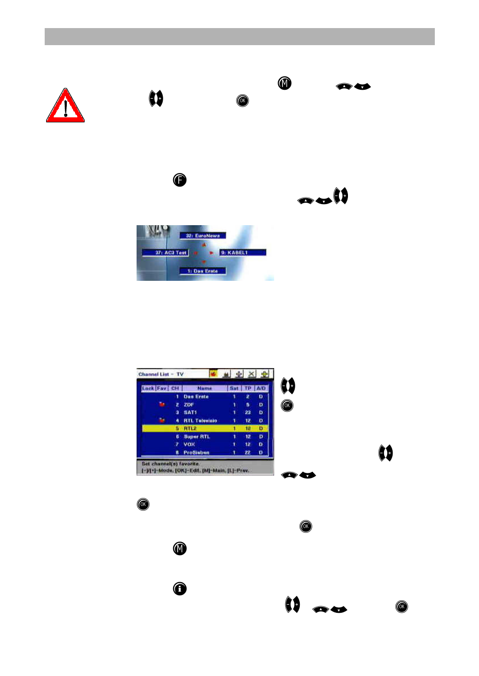Channel lists - tv/radio, Channel lists – tv/radio, Selecting tv and radio channels last received | Favourite channels | Kathrein UFD 545 User Manual | Page 23 / 65