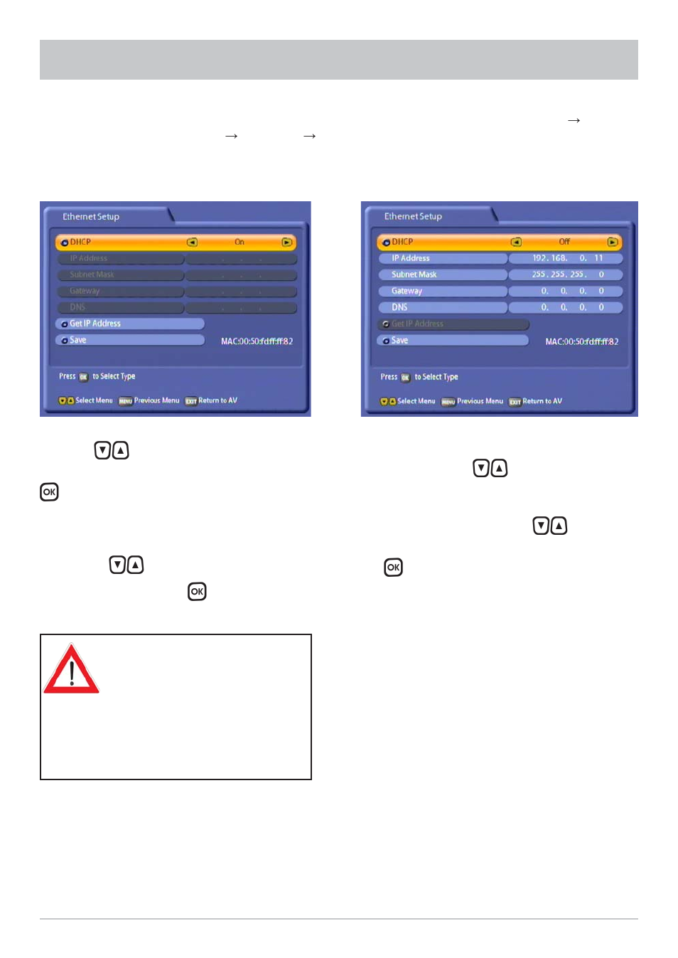 Dhcp “on” dhcp “off, System setup | Kathrein UFS 822sw User Manual | Page 49 / 156