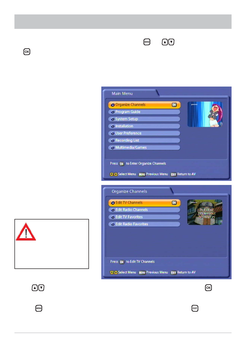 Organize channels | Kathrein UFS 822sw User Manual | Page 59 / 156