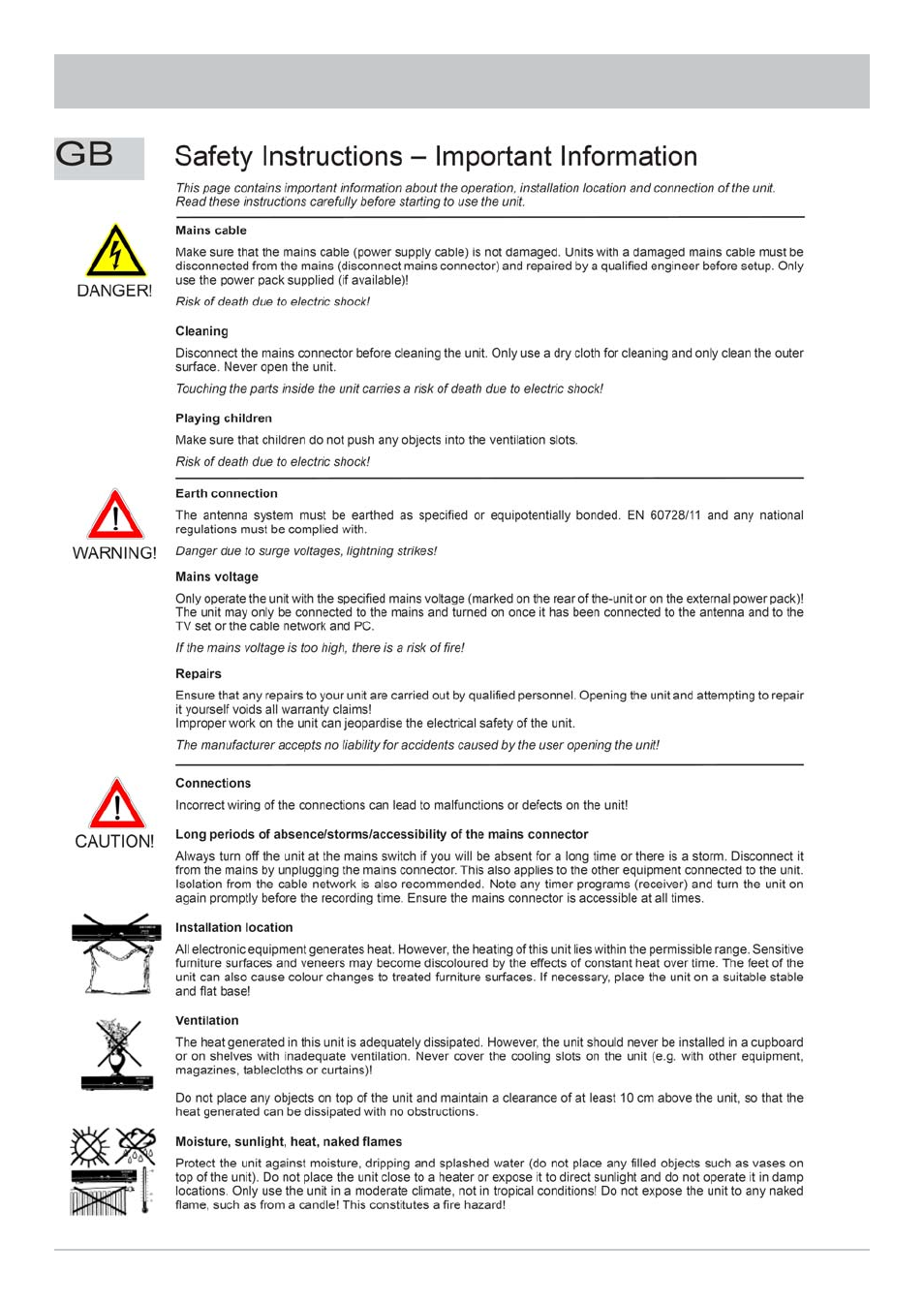 Safety instructions - important notes | Kathrein UFS 822sw User Manual | Page 6 / 156
