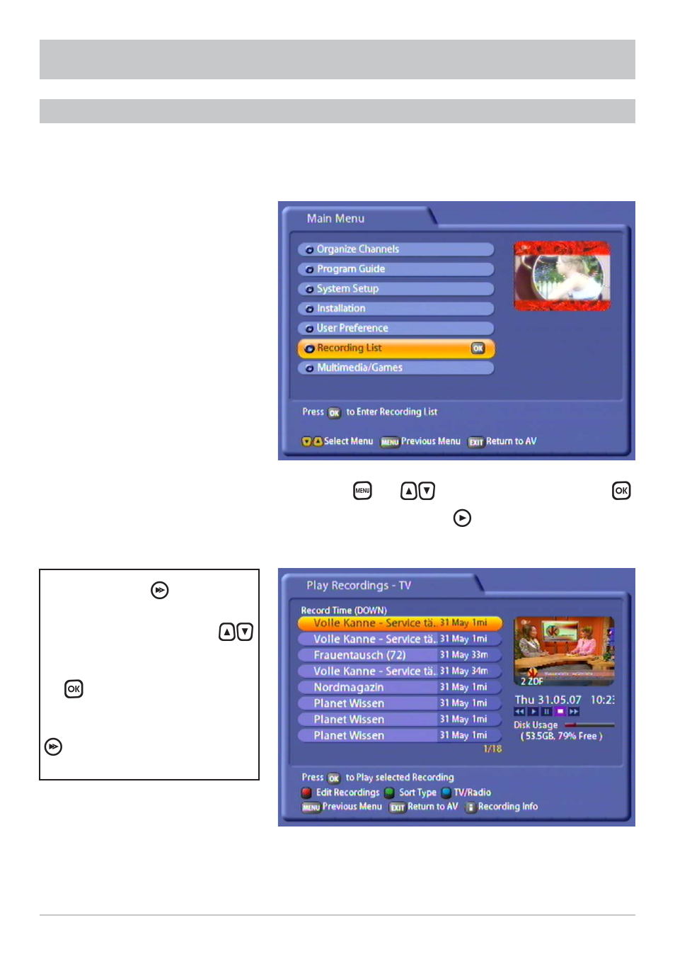 Recording list | Kathrein UFS 822sw User Manual | Page 87 / 156