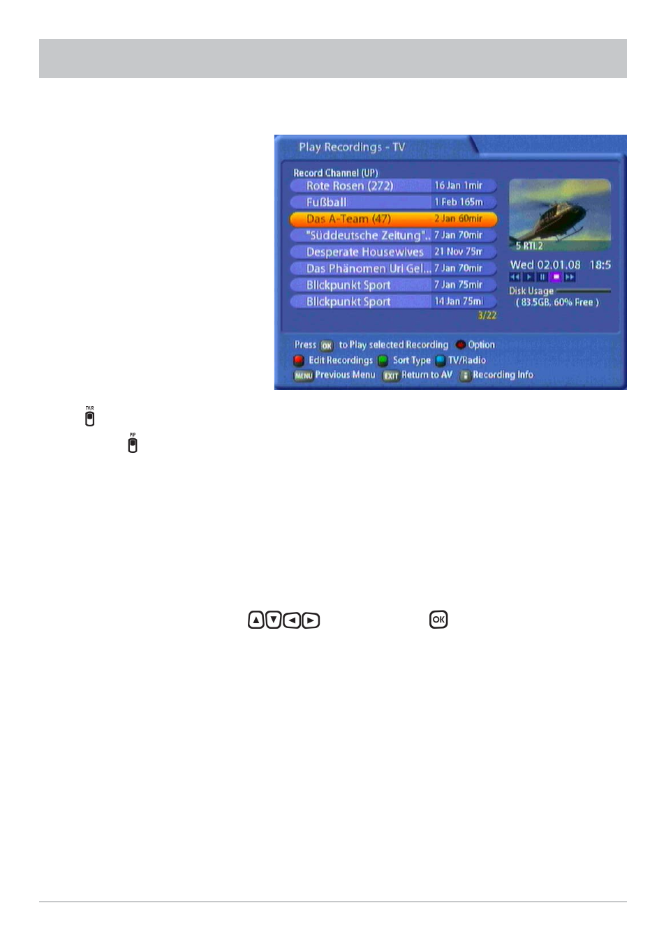 Recording list | Kathrein UFS 822sw User Manual | Page 89 / 156