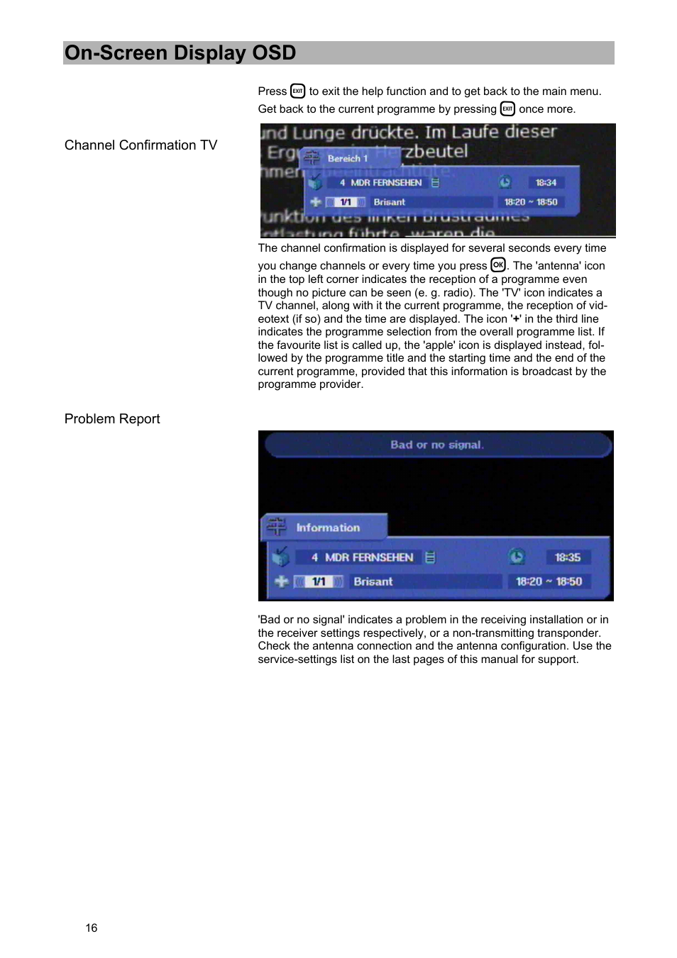 On-screen display osd | Kathrein UFD 574/S User Manual | Page 16 / 64