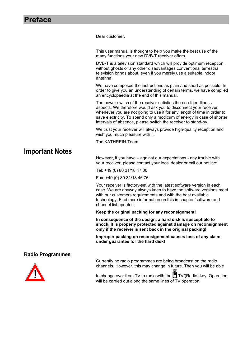 Preface, Important notes | Kathrein UFD 574/S User Manual | Page 2 / 64