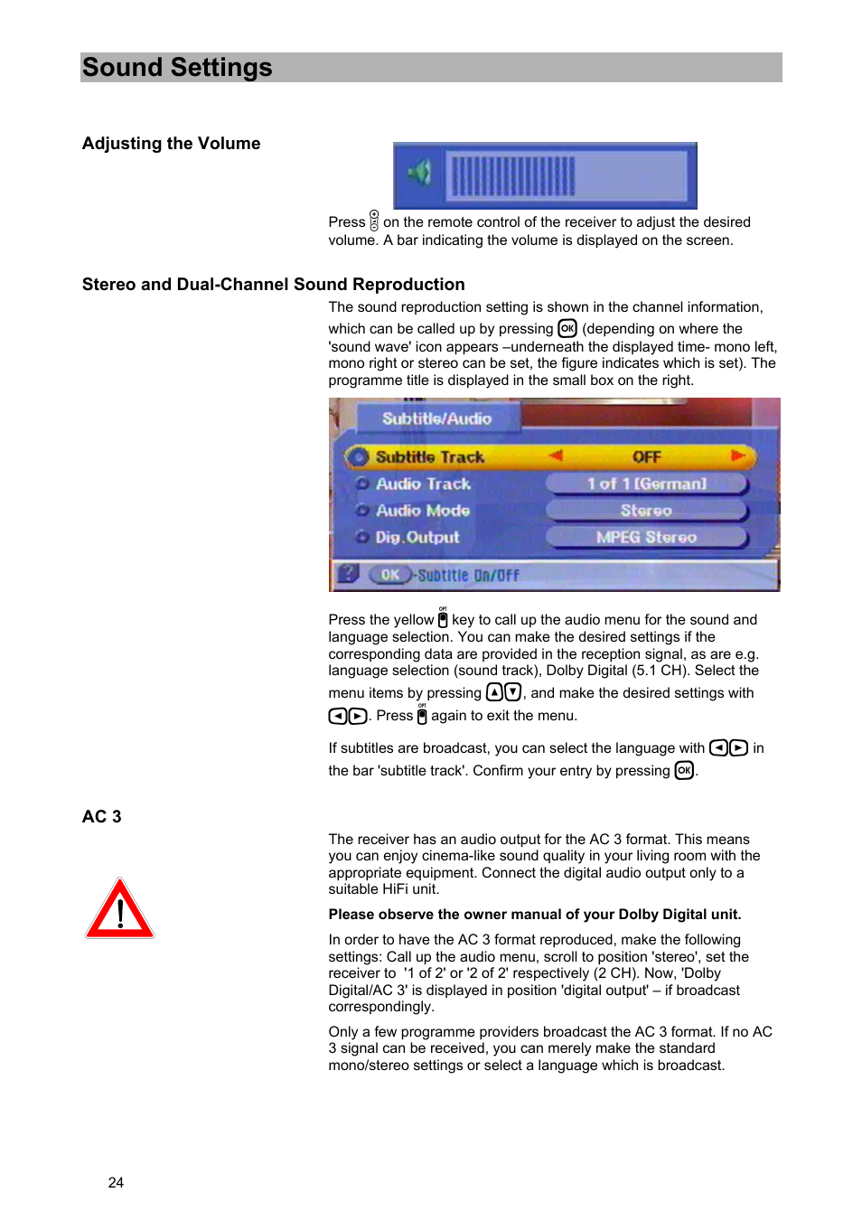 Sound settings | Kathrein UFD 574/S User Manual | Page 24 / 64