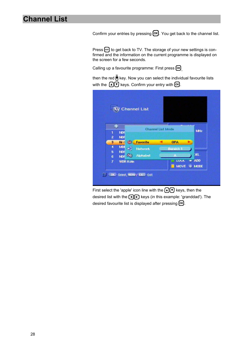 Channel list | Kathrein UFD 574/S User Manual | Page 28 / 64