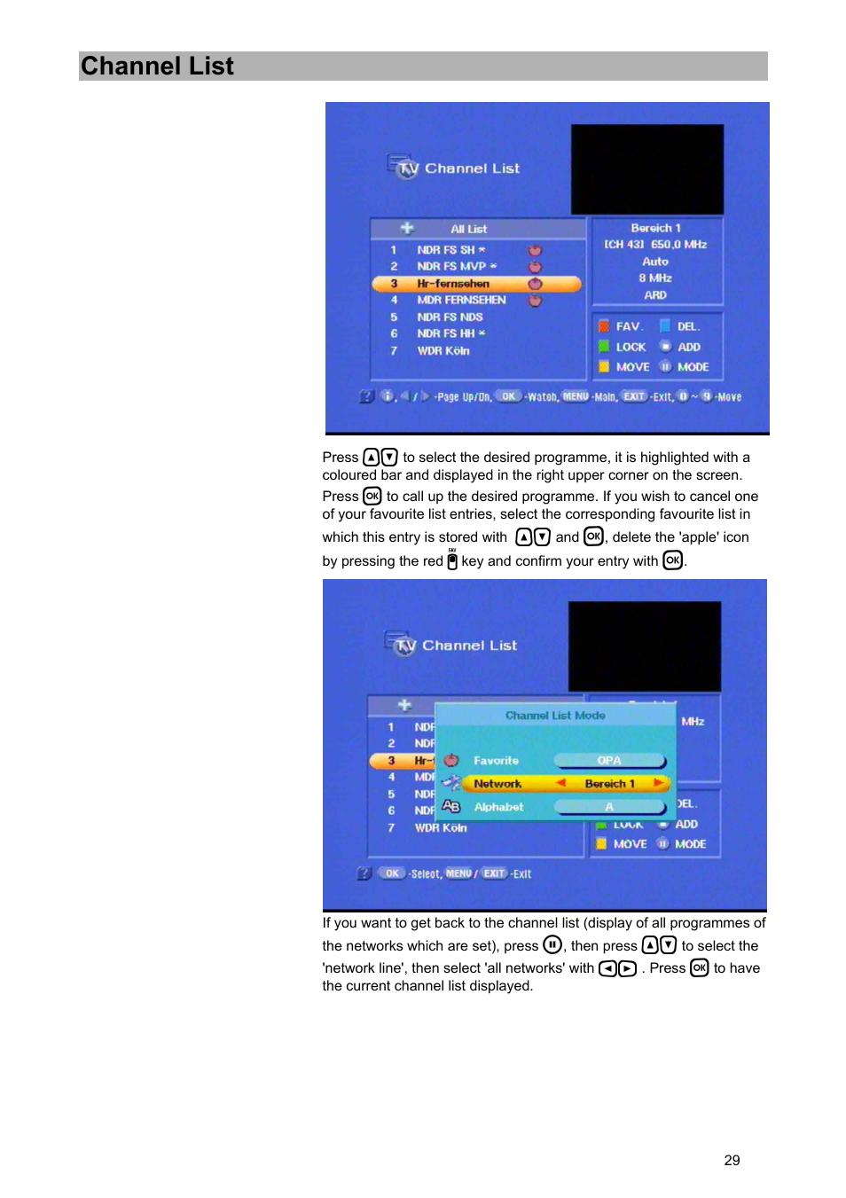 Channel list | Kathrein UFD 574/S User Manual | Page 29 / 64