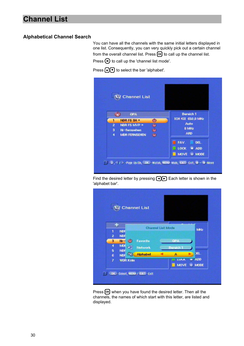 Channel list | Kathrein UFD 574/S User Manual | Page 30 / 64