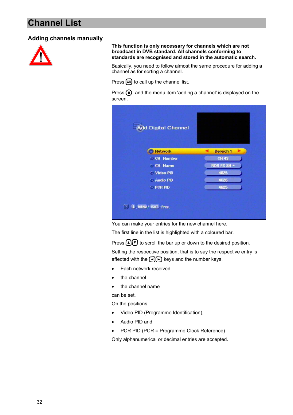 Channel list | Kathrein UFD 574/S User Manual | Page 32 / 64