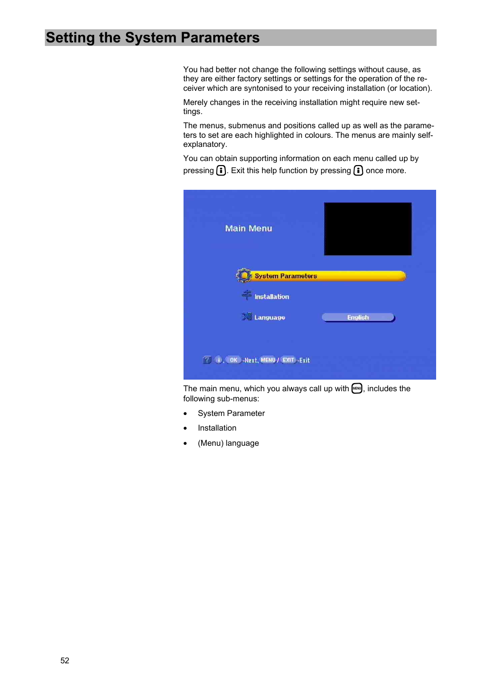 Setting the system parameters | Kathrein UFD 574/S User Manual | Page 52 / 64