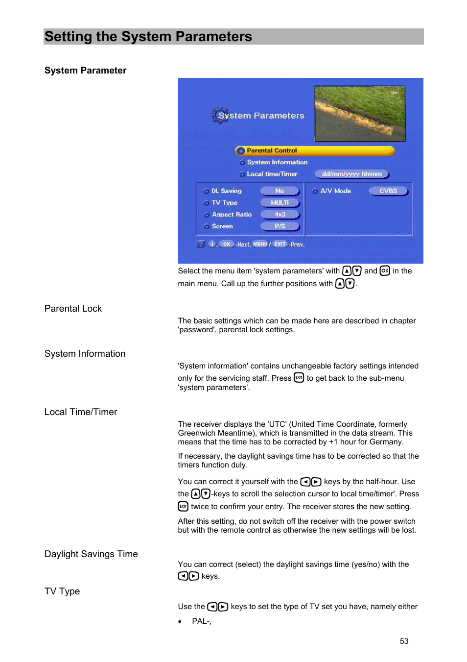 Setting the system parameters | Kathrein UFD 574/S User Manual | Page 53 / 64
